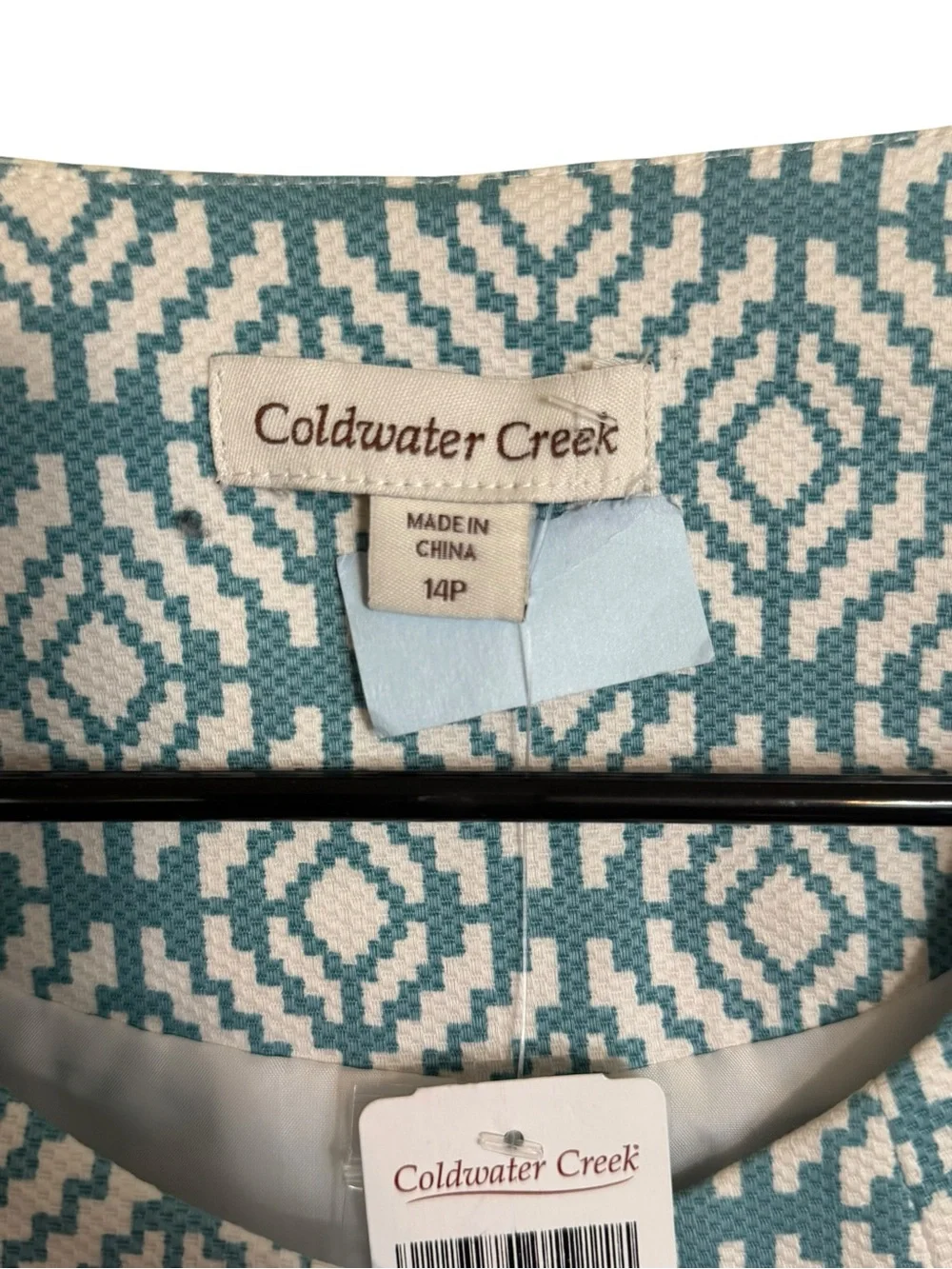 NWT Coldwater Creek Teal and White Geometric Open-Front Blazer